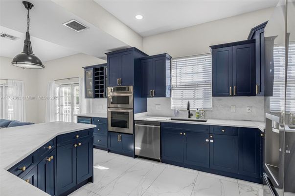 Interior, Kitchen, Marble, Pendant Lights, Recessed Lighting, Stainless Steel Appliances
