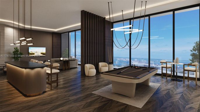Billiard Table, Dining room, Game Room, Interior, Pendant Lights, Recessed Lighting, Wood Texture Flooring