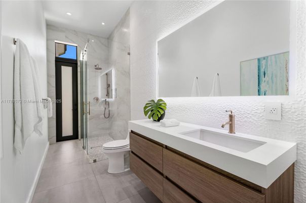 Bathroom, Glass Shower, Interior, Marble Walls, Recessed Lighting