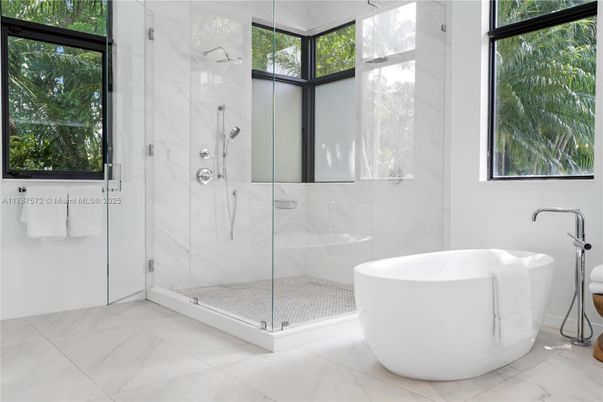 Bathroom, Free Standing Baths, Glass Shower, Interior, Marble, Marble Walls