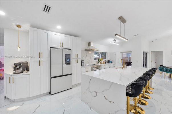 Interior, Kitchen, Marble, Pendant Lights, Recessed Lighting, Stainless Steel Appliances