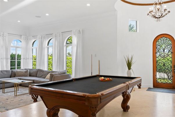 Billiard Table, Chandelier, Game Room, Interior, Living room, Recessed Lighting, Wood Texture Flooring