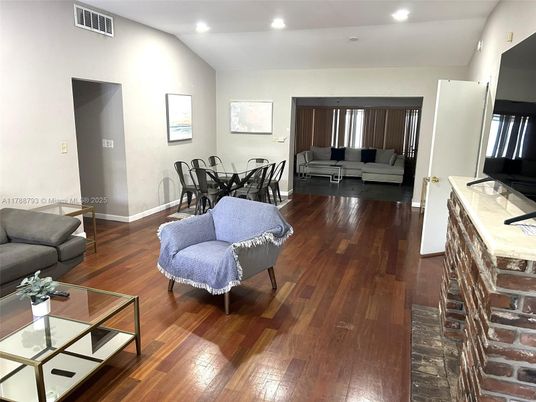 Dining room, Interior, Living room, Recessed Lighting, Wood Texture Flooring