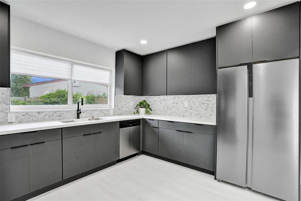Interior, Kitchen, Recessed Lighting, Stainless Steel Appliances, Wood Texture Flooring