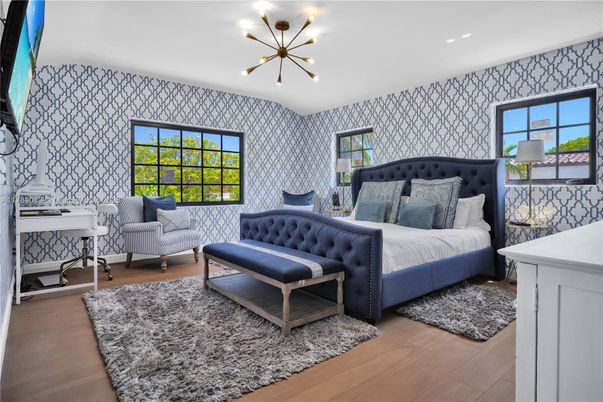 Bedroom, Interior, Pendant Lights, Recessed Lighting, Wood Texture Flooring