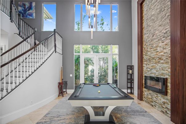 Billiard Table, Fireplace, Game Room, Interior, Stone Walls