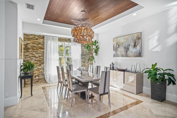 Chandelier, Dining room, Interior, Recessed Lighting, Stone Walls, Wooden Ceilings