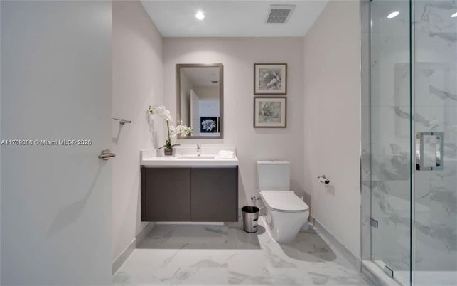 Bathroom, Glass Shower, Interior, Marble, Marble Walls, Recessed Lighting