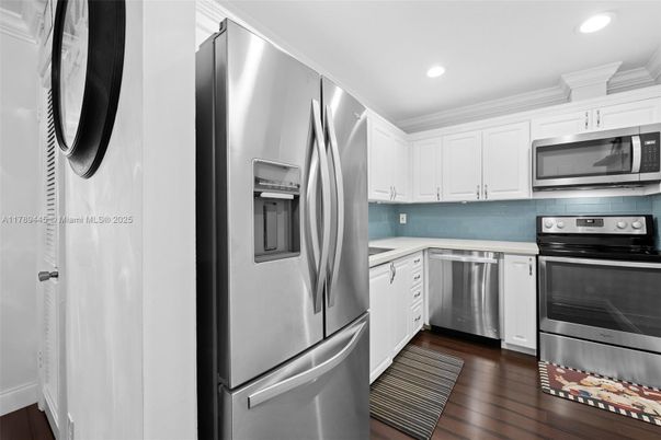 Interior, Kitchen, Recessed Lighting, Stainless Steel Appliances, Wood Texture Flooring
