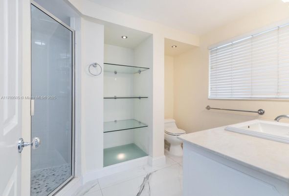 Bathroom, Glass Shower, Interior, Marble, Recessed Lighting