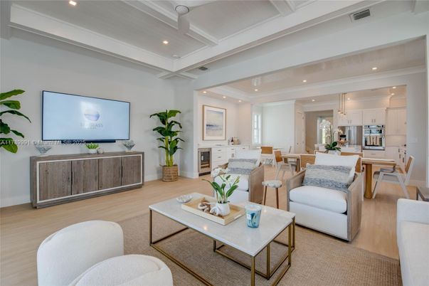 Dining room, Interior, Kitchen, Living room, Recessed Lighting, Stainless Steel Appliances, Wood Texture Flooring