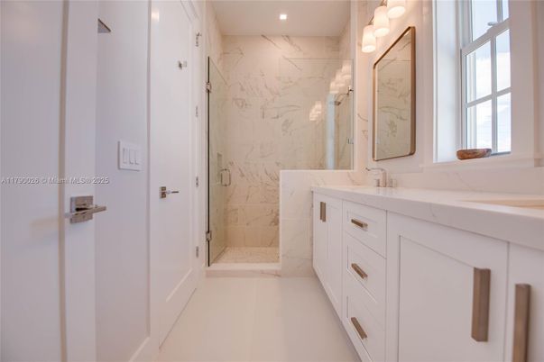 Bathroom, Glass Shower, Interior, Marble Walls, Recessed Lighting