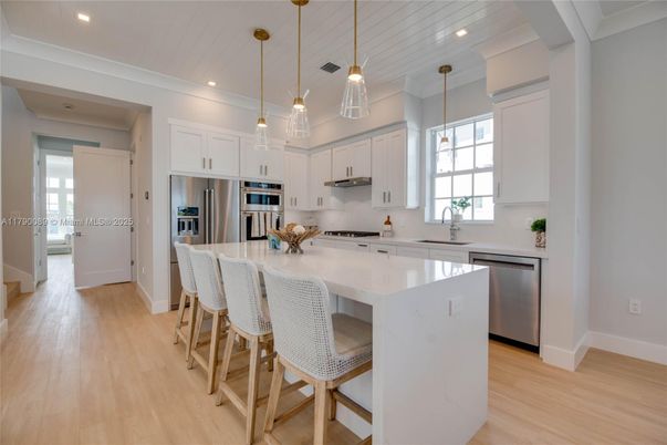 Interior, Kitchen, Pendant Lights, Recessed Lighting, Stainless Steel Appliances, Wood Texture Flooring