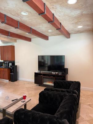Fireplace, Interior, Living room, Recessed Lighting, Wooden Beams