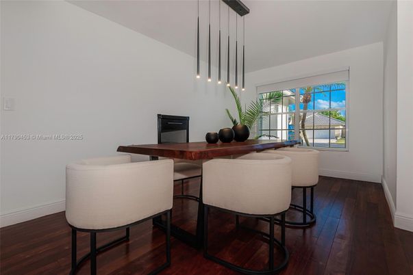 Dining room, Interior, Pendant Lights, Wood Texture Flooring