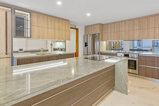 Interior, Kitchen, Marble, Recessed Lighting, Stainless Steel Appliances