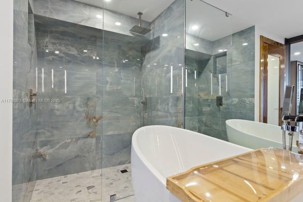 Bathroom, Free Standing Baths, Glass Shower, Interior, Recessed Lighting