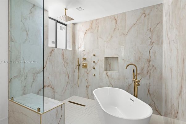Bathroom, Free Standing Baths, Glass Shower, Interior, Marble Walls