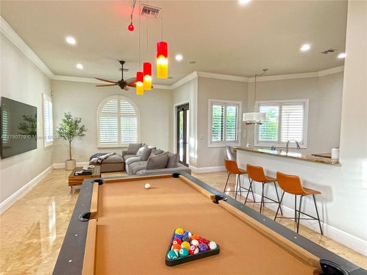 Billiard Table, Game Room, Interior, Living room, Pendant Lights, Recessed Lighting