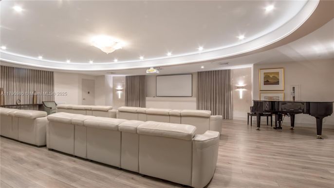 Interior, Living room, Piano, Projection Screen, Recessed Lighting, Theatre Room, Wood Texture Flooring