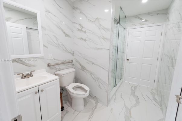 Bathroom, Glass Shower, Interior, Marble, Marble Walls, Recessed Lighting
