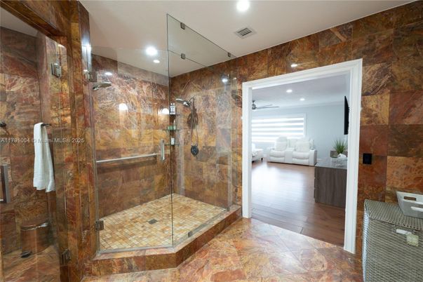 Bathroom, Glass Shower, Interior, Recessed Lighting, Wood Texture Flooring