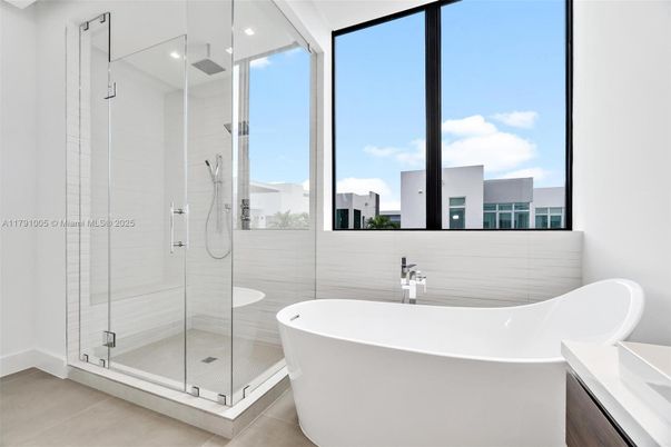 Bathroom, Free Standing Baths, Glass Shower, Interior, Recessed Lighting