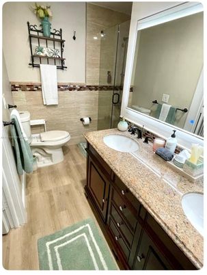 Bathroom, Dual Sink Vanities, Glass Shower, Interior, Wood Texture Flooring