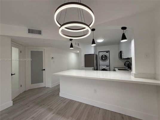 Interior, Kitchen, Pendant Lights, Wood Texture Flooring