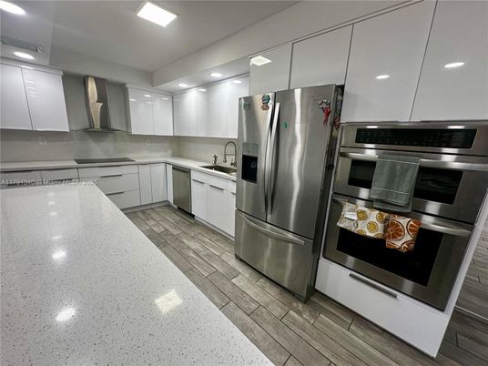 Interior, Kitchen, Recessed Lighting, Stainless Steel Appliances, Wood Texture Flooring