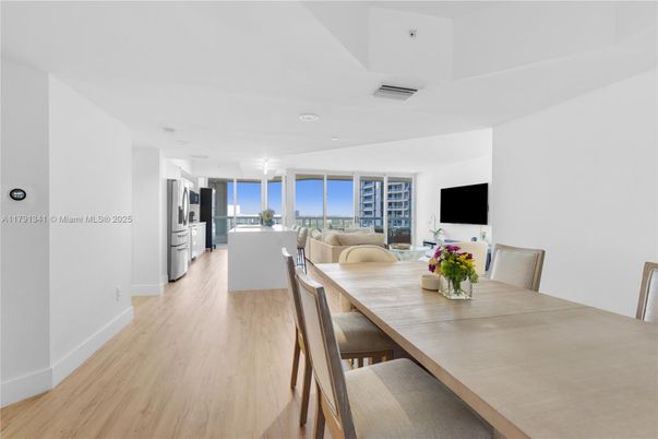 Dining room, Interior, Kitchen, Living room, Recessed Lighting, Wood Texture Flooring