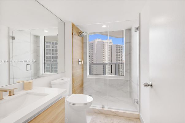 Bathroom, Glass Shower, Interior, Marble Walls, Recessed Lighting