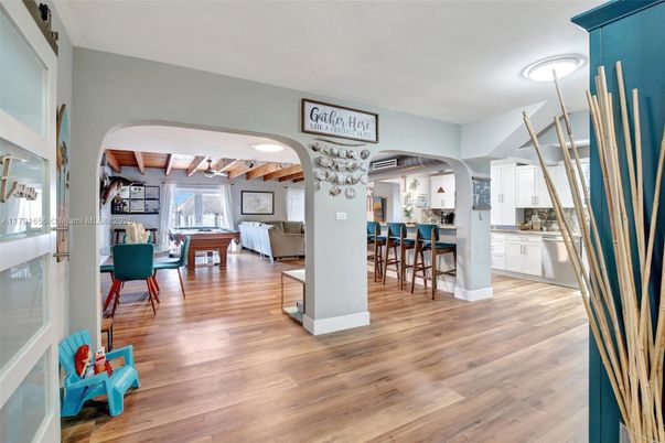 Dining room, Interior, Kitchen, Living room, Recessed Lighting, Wood Texture Flooring