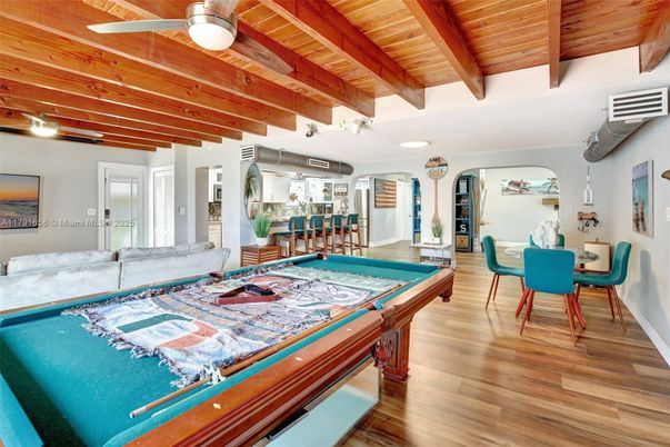 Billiard Table, Dining room, Game Room, Interior, Living room, Wooden Beams, Wooden Ceilings, Wood Texture Flooring