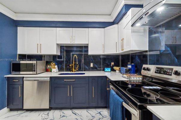 Interior, Kitchen, Marble, Recessed Lighting, Stainless Steel Appliances