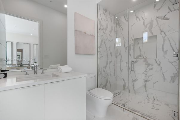 Bathroom, Glass Shower, Interior, Marble, Marble Walls, Recessed Lighting