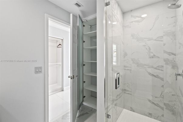 Bathroom, Glass Shower, Interior, Marble Walls, Recessed Lighting