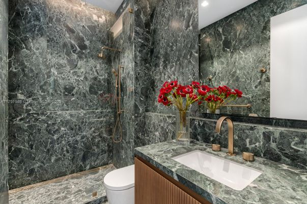 Bathroom, Glass Shower, Interior, Marble Walls, Recessed Lighting