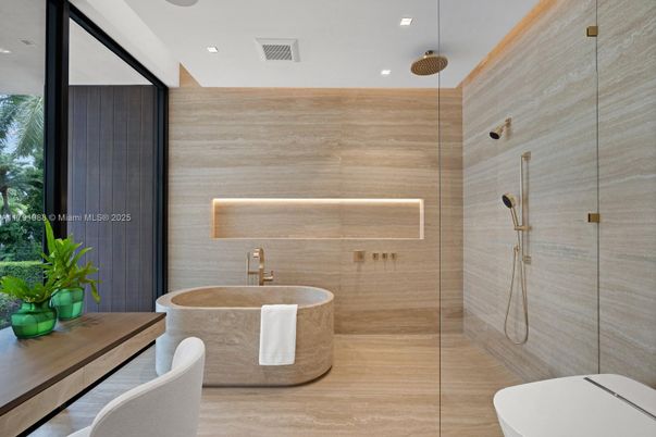 Bathroom, Free Standing Baths, Glass Shower, Interior, Recessed Lighting