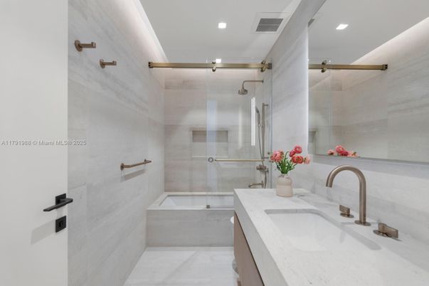 Bathroom, Dual Sink Vanities, Glass Shower, Interior, Recessed Lighting
