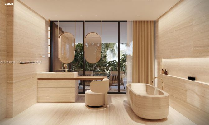 Bathroom, Free Standing Baths, Interior, Recessed Lighting, Wood Texture Flooring