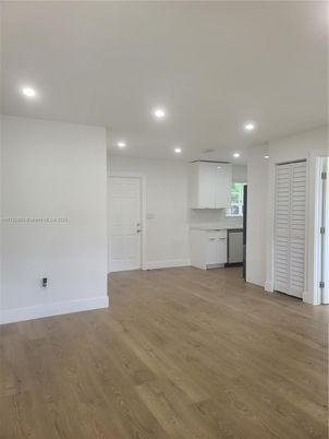 Empty room, Interior, Kitchen, Recessed Lighting, Wood Texture Flooring
