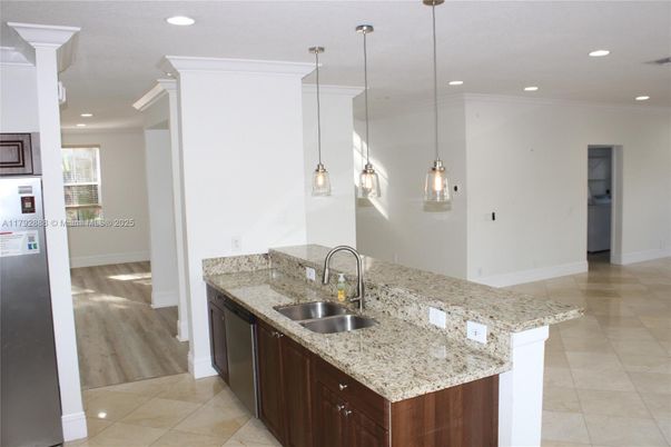 Interior, Kitchen, Pendant Lights, Recessed Lighting, Wood Texture Flooring