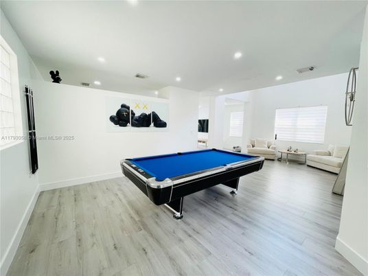 Billiard Table, Game Room, Interior, Recessed Lighting, Wood Texture Flooring