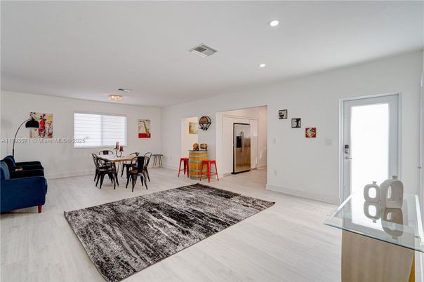 Dining room, Interior, Recessed Lighting, Wood Texture Flooring