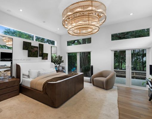Bedroom, Chandelier, Interior, Recessed Lighting, Wood Texture Flooring