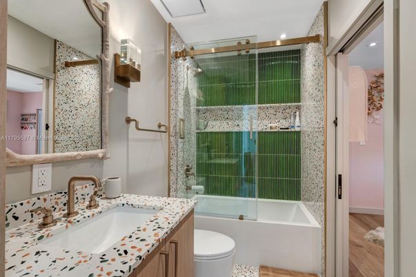 Bathroom, Glass Shower, Interior, Recessed Lighting, Tile Countertops, Wood Texture Flooring