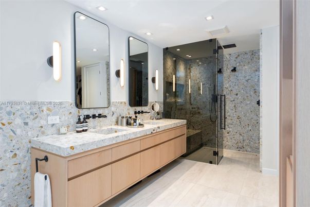Bathroom, Dual Sink Vanities, Glass Shower, Interior, Recessed Lighting