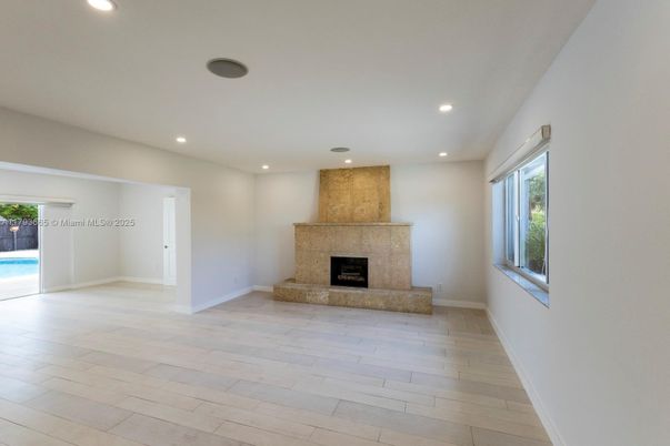 Empty room, Fireplace, Interior, Recessed Lighting, Wood Texture Flooring