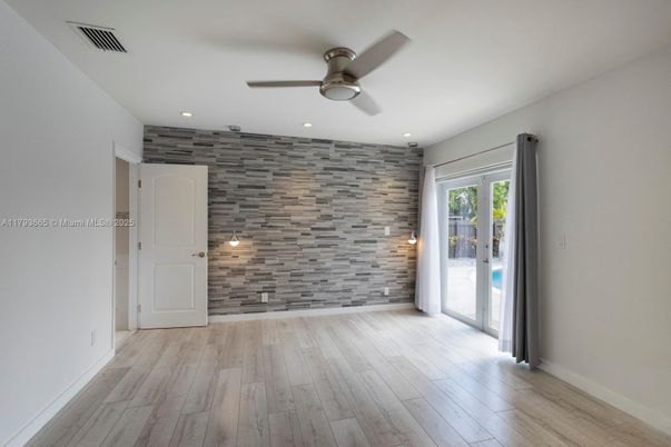 Empty room, Interior, Recessed Lighting, Stone Walls, Wood Texture Flooring